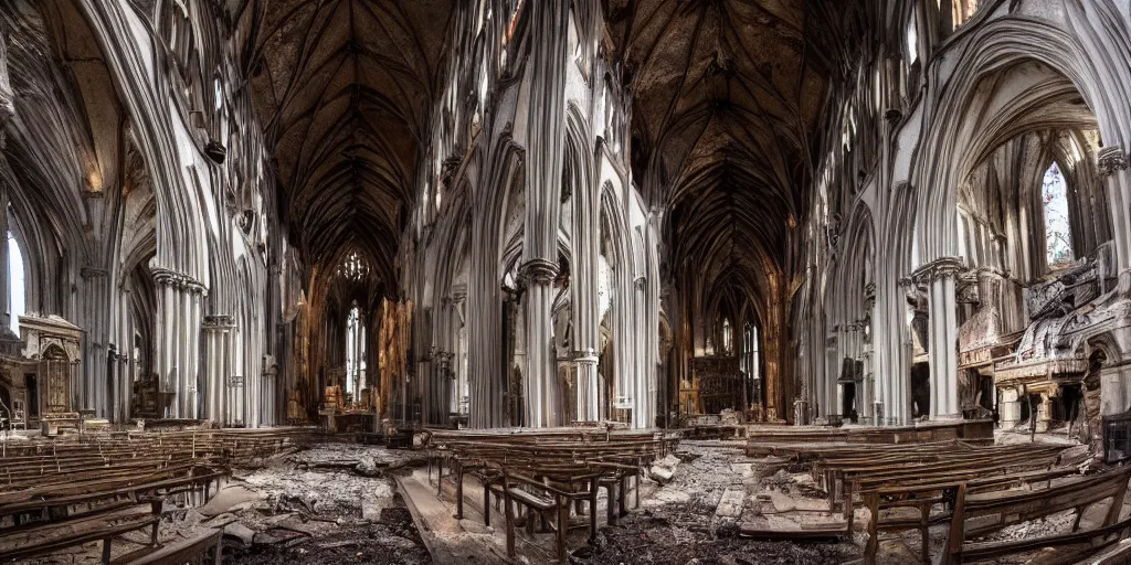 Prompt: a wide angle shot of the interior of an old and decaying cathedral, award-winning photo, 8k, extremely detailed and sharp, cinematic lighting