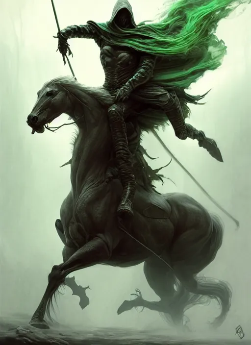 Image similar to concept art by artgerm, pestilence of the four horsemen of the apocalypse, soft green natural light, intricate, hooded death riding a horse, highly detailed dark art, digital painting, artstation, concept art, smooth, sharp focus, illustration, art by greg rutkowski and luis rollo and uang guangjian and gil elvgren, symmetry!