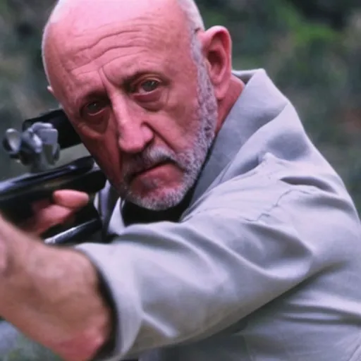 Prompt: Film still of Mike Ehrmantraut aiming with a !!!sniper rifle!!!, 4k, !!highly detailed!!