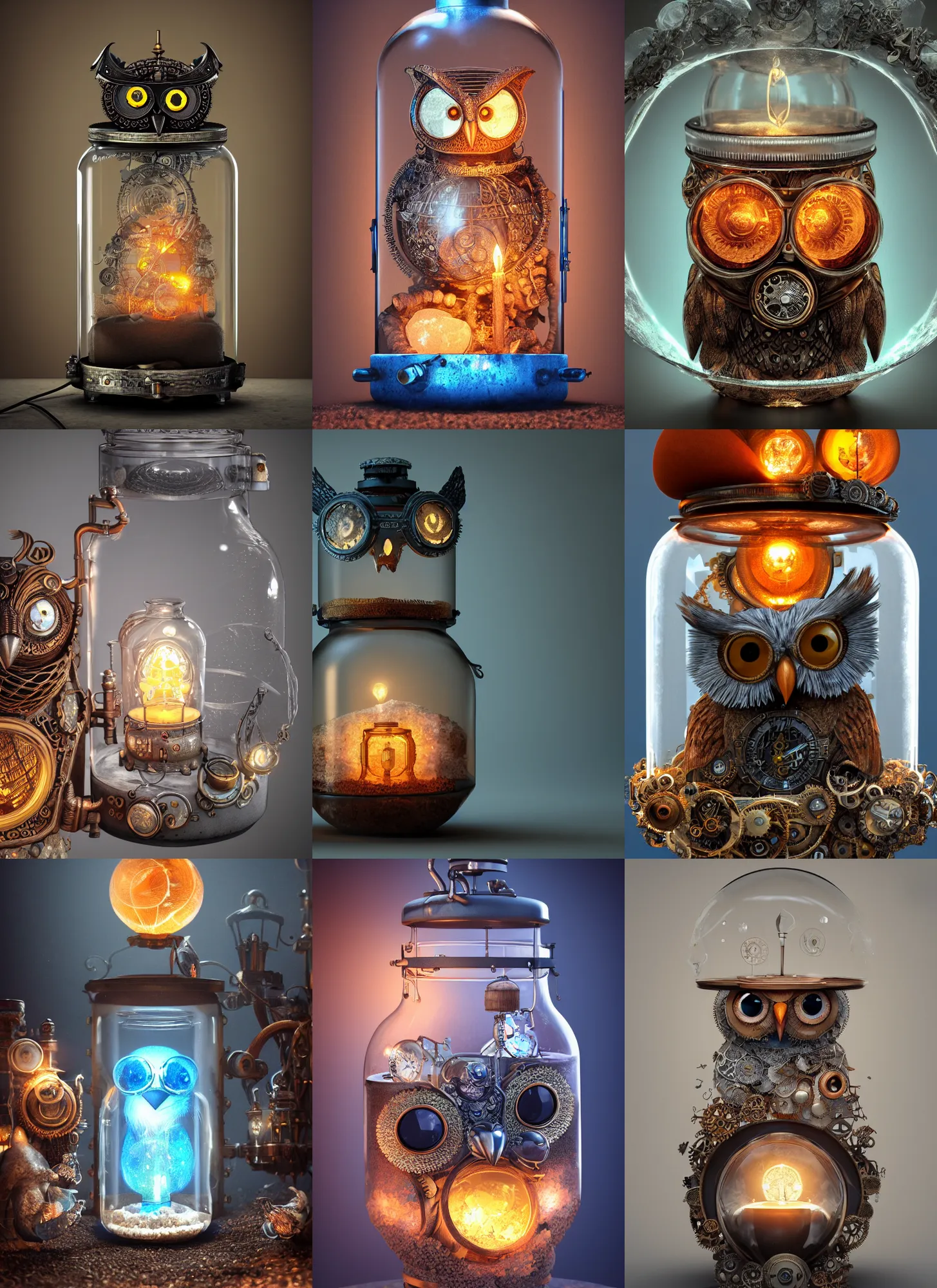 Prompt: steampunk owl wearing a bowler hat inside a glass jar buried in sand, himalayan rocksalt lamp, intricate detail, hyper detailed, ultra realistic, sharp focus, octane render, lantern candle, spiral, volumetric, ray tracing, artstation trending, blue moon, cgsociety, sense of awe, swirling mist, 4 k