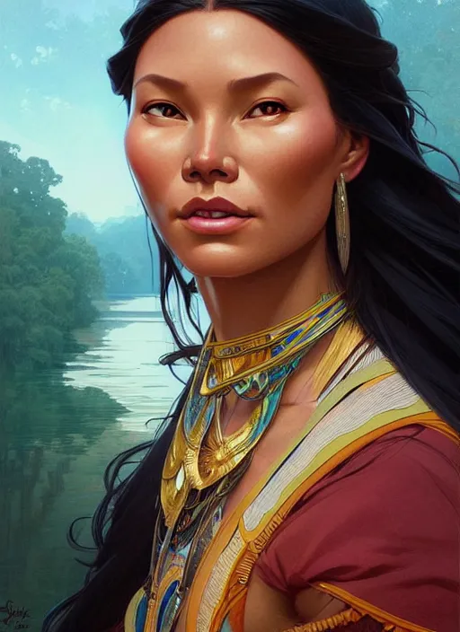 Image similar to portrait of pocahontas, intricate, elegant, highly detailed, my rendition, digital painting, artstation, concept art, smooth, sharp focus, illustration, art by artgerm and greg rutkowski and alphonse mucha and uang guangjian and gil elvgren and sachin teng, symmetry!!