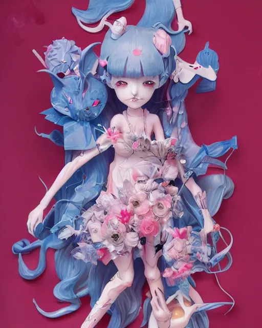 Image similar to james jean isolated vinyl figure harajuku anime character design, figure photography, dynamic pose, holographic undertones, glitter accents on figure, anime stylized, accurate fictional proportions, high delicate defined details, ethereal lighting