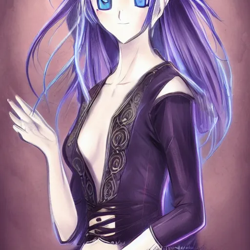 Image similar to beautiful female wizard, blue eyes, black clothing, daughter of death, anime style, concept art