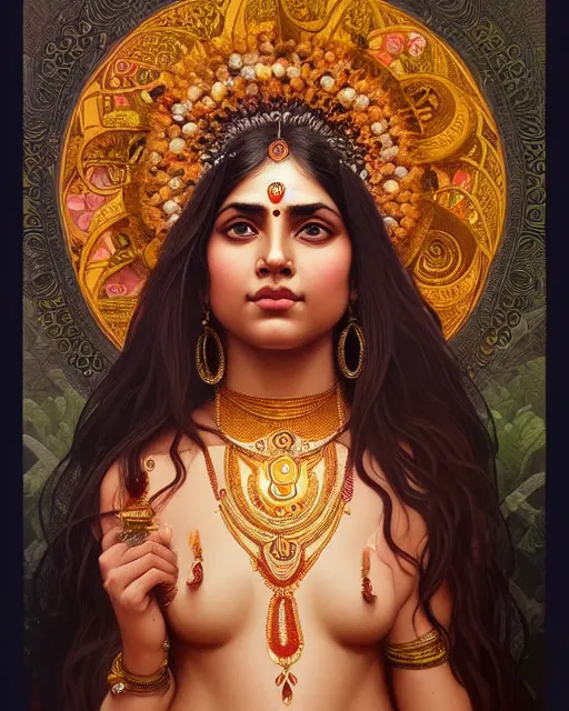 Image similar to portrait of a gaea goddess, upper body, decorated with hindu aesthetics, hindu, traditional art, intricate, elegant, highly detailed, digital painting, artstation, concept art, smooth, sharp focus, illustration, art by artgerm and greg rutkowski and alphonse mucha, 8 k