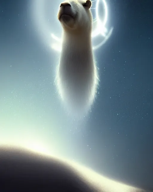 Image similar to a white capybara on delta halo ring, beautiful, agile, fairy, myth, legend, detailed, trending on artstation, light effects, kilian eng, john harris, bastien lecouffe - deharme