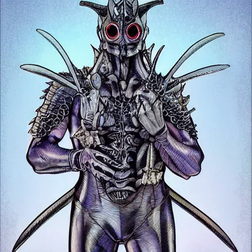 Image similar to am a jean giraud, artgerm, devil in armor made of iron and dragon bones, with hellish devil wings, in a chameleon - colored suit with a pearl shade