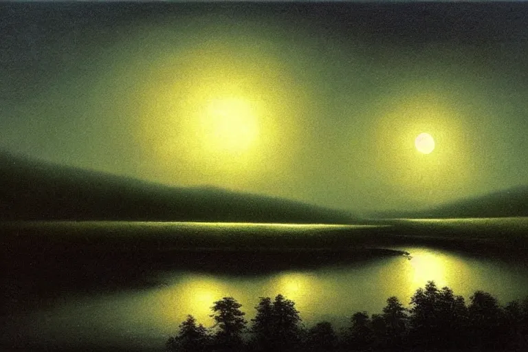 Image similar to awe inspiring arkhip kuindzhi landscape, hyperrealistic oil painting, moonlight over a river at night, 4 k, matte