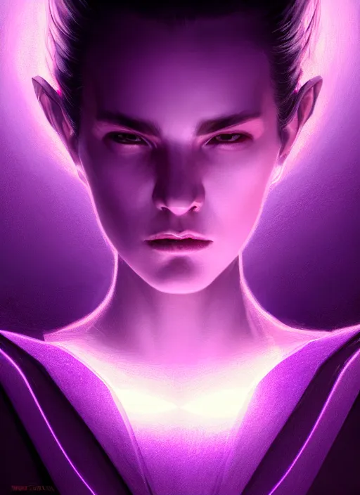 Image similar to top down lighting, extreme close up, stunning portrait of a woman in purple leather future armor with a long black ponytail, purple eyes, glowing with void energy, spaceship hallway, intricate, mood lighting, highly detailed, digital painting, artstation, concept art, smooth, sharp focus, illustration, art by wlop, mars ravelo and greg rutkowski