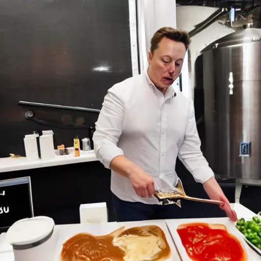 Image similar to elon musk pouring ketchup in a caja - madrid office.