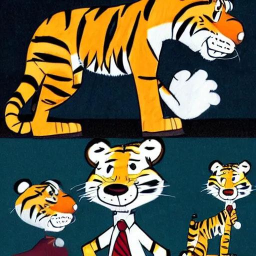 Prompt: calvin and hobbes tiger, in the comic style, dressed up in suits