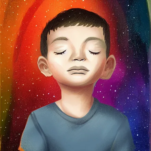 Image similar to a kid thinking of the universe, digital painting, elegant color palette