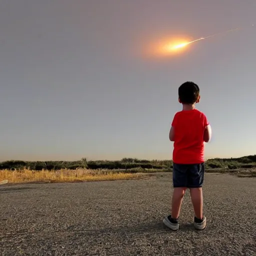 Image similar to a boy look to sky saw a huge meteor approach to earth