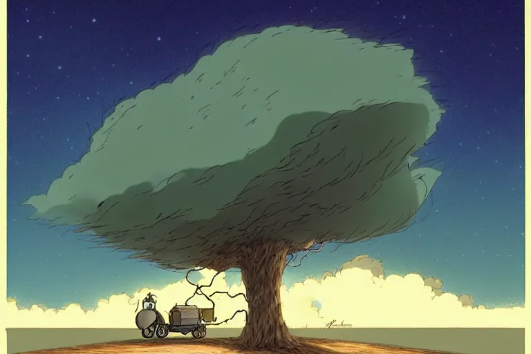 Image similar to a study of a cell shaded cartoon of lightning hitting a tree from howl's moving castle ( 2 0 0 4 ) at night on a desert road, full body, wide shot, very muted colors, post grunge, studio ghibli, laurie greasley, highly detailed, deviantart, art by artgem