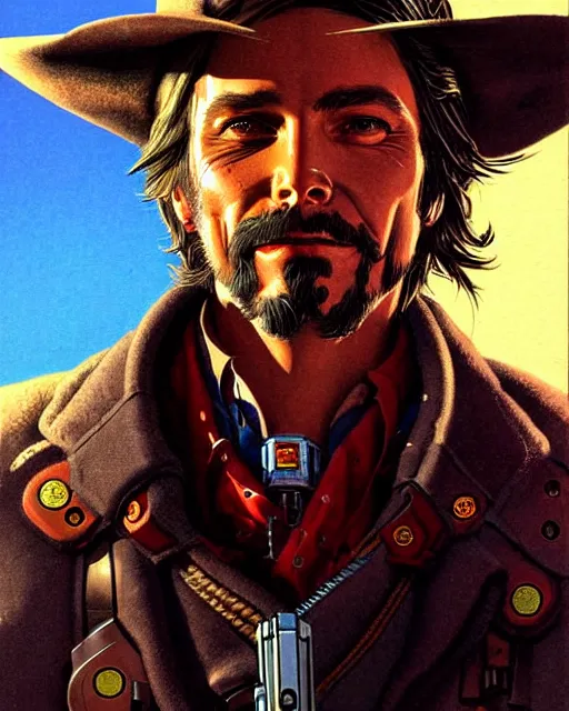 Prompt: mccree from overwatch, character portrait, portrait, close up, concept art, intricate details, highly detailed, vintage sci - fi poster, retro future, in the style of chris foss, rodger dean, moebius, michael whelan, and gustave dore