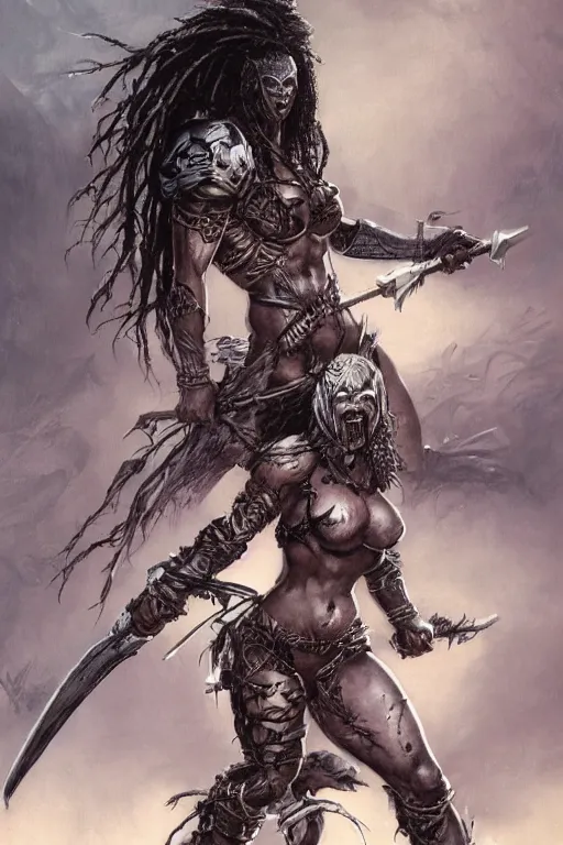 Image similar to Female Predator, in bikini armor, with long dreadlocks, carrying a melee weapon on a battlefield full of enemies, in the style of John Blanche and Frank Frazetta, Clint Langley, artofsickness666, and Nekro XIII