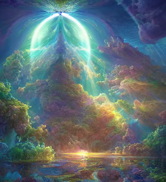 Prompt: a magical and exquisite fantasy illustration of a faceted crystal ball fractal in water + prism + god rays + dramatic lightning + backlit + specular highlights + ambient occlusion + global illumination + bump map + reflective + caustics + refractive + unreal engine 5 + DOF + sharp focus, digital artwork by Dan Mumford + Peter Mohrbacher + Ash Thorp
