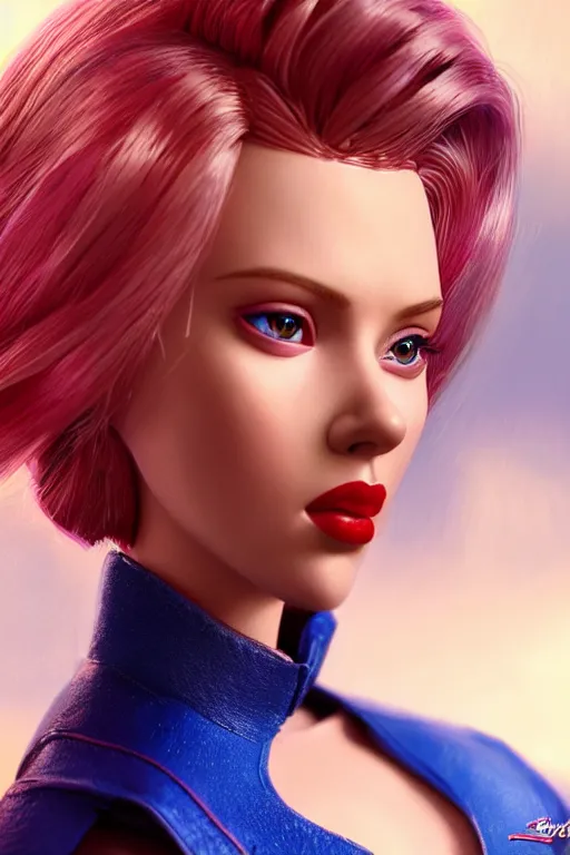 Image similar to Scarlett Johansson as a barbie doll, vivid colors, high details, cinematic, 8k resolution, beautiful detailed, photorealistic, digital painting, artstation, concept art, smooth, sharp focus, illustration, fantasy background, artstation trending, octane render, unreal engine