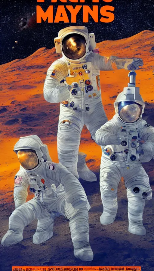 Prompt: movie poster of astronauts mining on mars, highly detailed, large text, bright colours, animated, cuban propaganda style