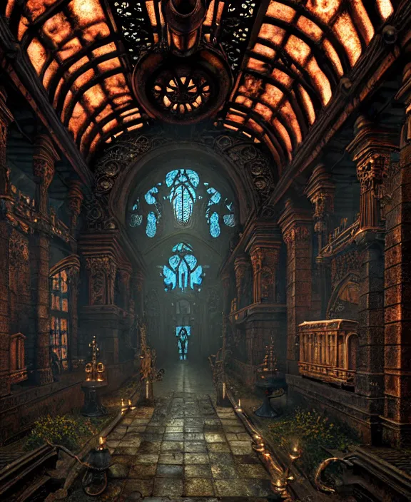 Image similar to steam necropolis, memento mori, gothic, neo - gothic, art nouveau, hyperdetailed copper patina medieval icon, stefan morrell, philippe druillet, ralph mcquarrie, concept art, steampunk, unreal engine, detailed intricate environment, octane render, moody atmospherics, volumetric lighting, ultrasharp, ominous, otherworldly