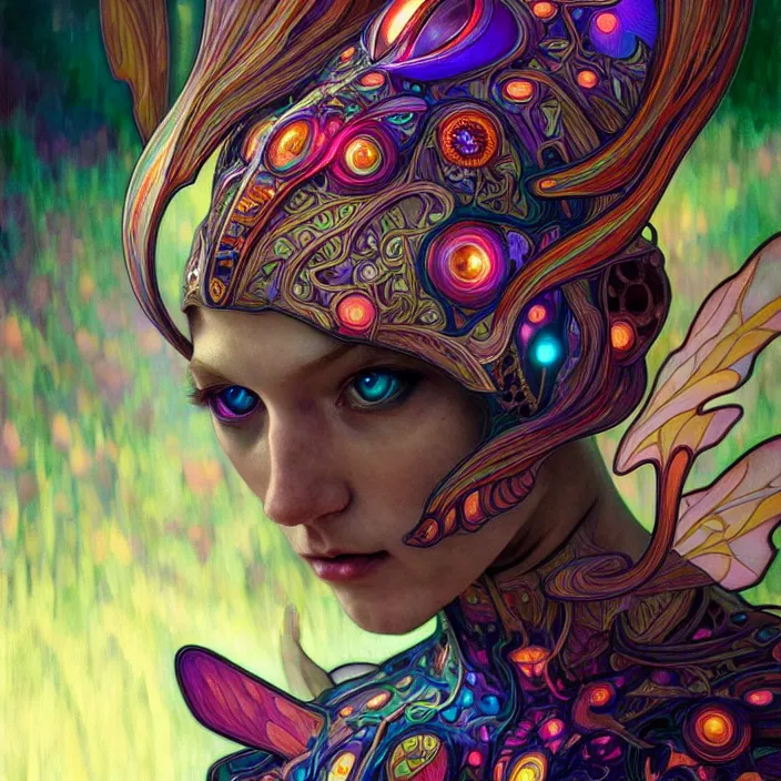 Prompt: bright psychedelic portrait of organic cat cyborg, wings, diffuse lighting, fantasy, intricate, elegant, highly detailed, lifelike, photorealistic, digital painting, artstation, illustration, concept art, smooth, sharp focus, art by John Collier and Albert Aublet and Krenz Cushart and Artem Demura and Alphonse Mucha