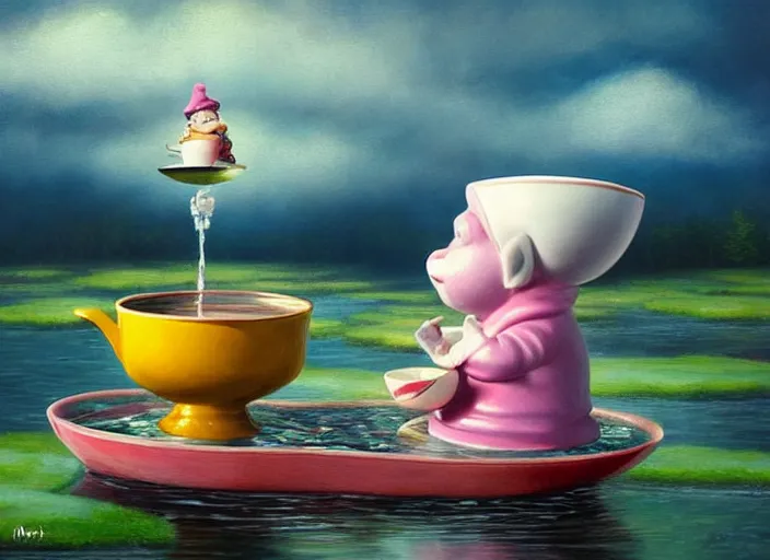 Image similar to a garden gnome sailing in a teacup, whimsical background of a reflective pond on a sunny day with dramatic clouds, an ultrafine detailed painting by mark ryden, trending on deviantart, pop surrealism, whimsical, lowbrow, joyous, perfect cute face