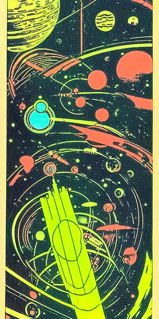 Prompt: 1968 science fiction tarot card, cut out collage, neon Roman, xerox punk, spring on Saturn, epic theater, deep sea, mountain plants, drawings in part by moebius, part by Ernst Haekl, text by William S Boroughs, composition by neo Rauch