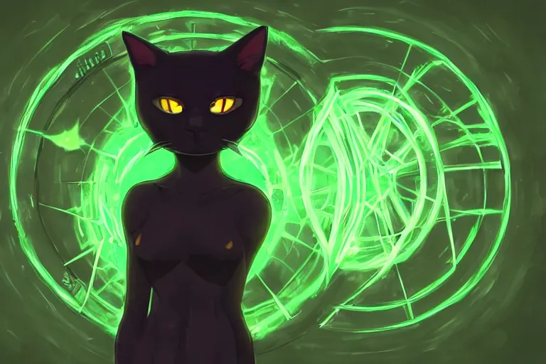 Prompt: black cat with glowing green eyes activating a human transmutation circle, digital illustration, artstation, artstation hq, hd