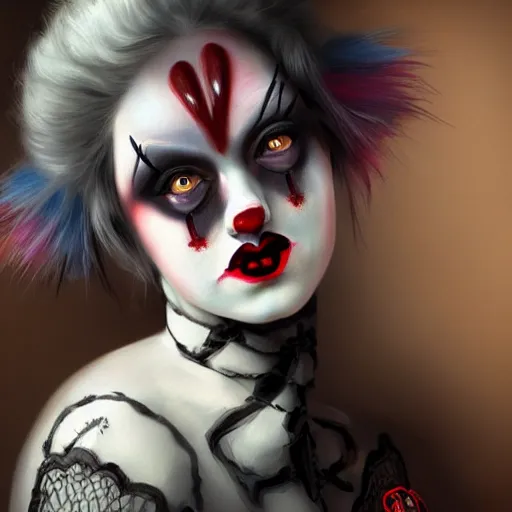 Image similar to goth clown girl, painting, highly detailed, artstation, realistic, beautiful, attractive