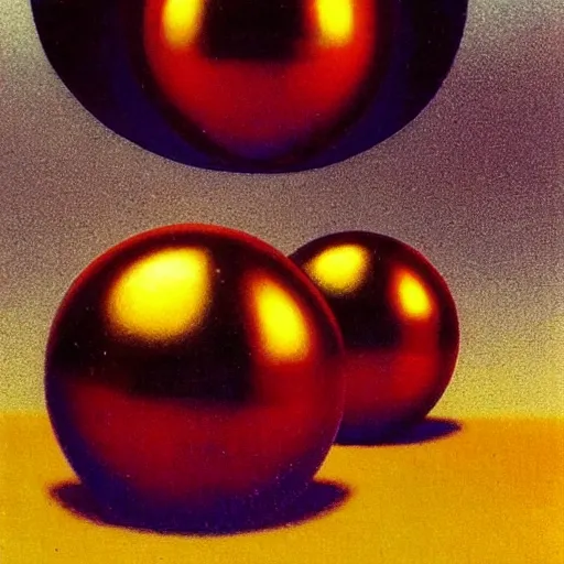 Prompt: chrome spheres on a red cube by maxfield parrish