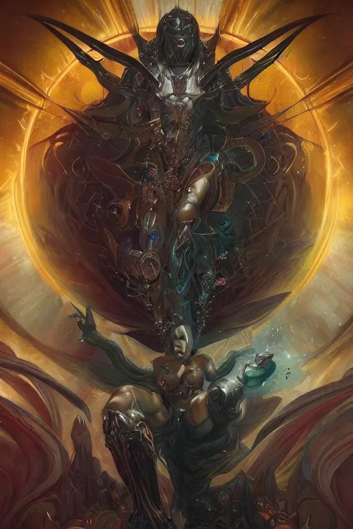 Prompt: portrait of a demonic galactic conqueror with inhuman body, galactic storms, nexus of the universe, godlike, full body, fantasy, intricate, elegant, highly detailed, digital painting, artstation, concept art, sharp focus, illustration, art by artgerm and greg rutkowski and alphonse mucha and ross tran