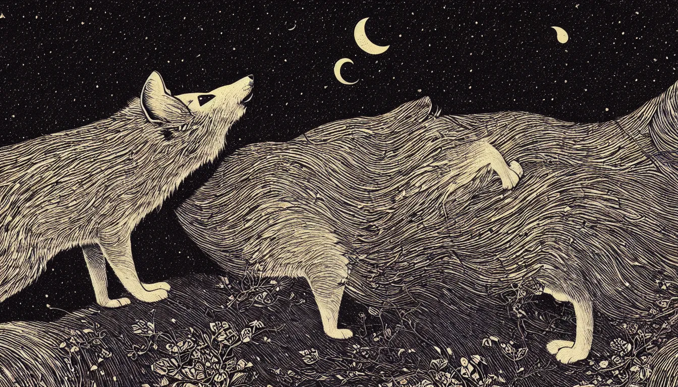 Image similar to fox gazing at the night sky by woodblock print, nicolas delort, moebius, victo ngai, josan gonzalez, kilian eng