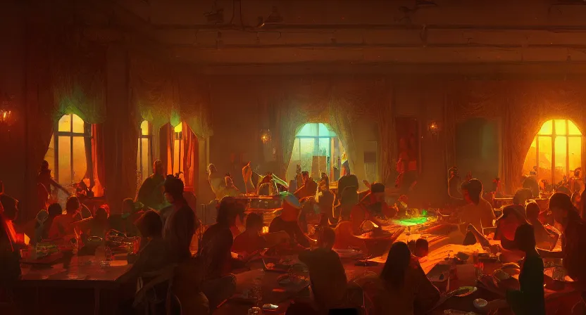 Image similar to a party. art by salman toor. global illumination, radiant light, detailed and intricate environment, atmospheric light, cinematic, trending on artstation