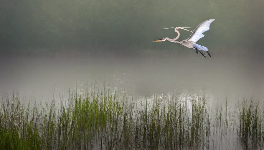 Image similar to a fairy riding a great blue heron over a misty lake, ambient lighting, light bloom, in the style of Edward Robert Hughes and Over the Garden Wall