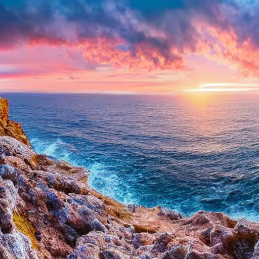 Image similar to Panoramic sunset from a rocky cliff above the ocean with huge curly cotton candy clouds digital art