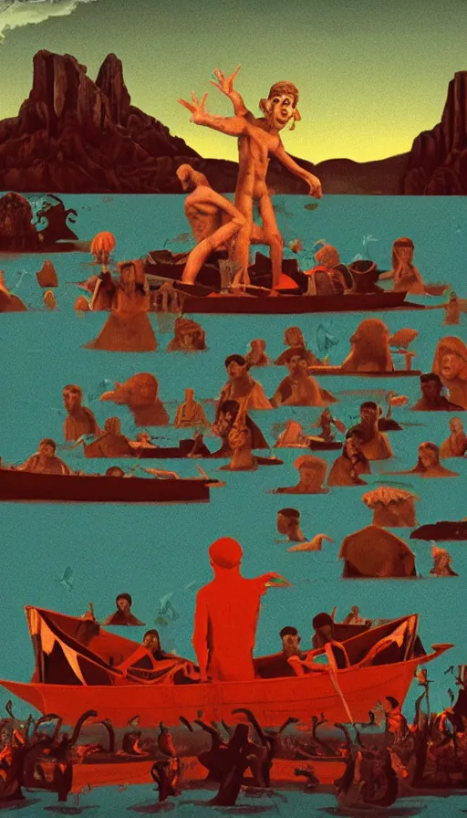 Image similar to man on boat crossing a body of water in hell with creatures in the water, sea of souls, by wes anderson,