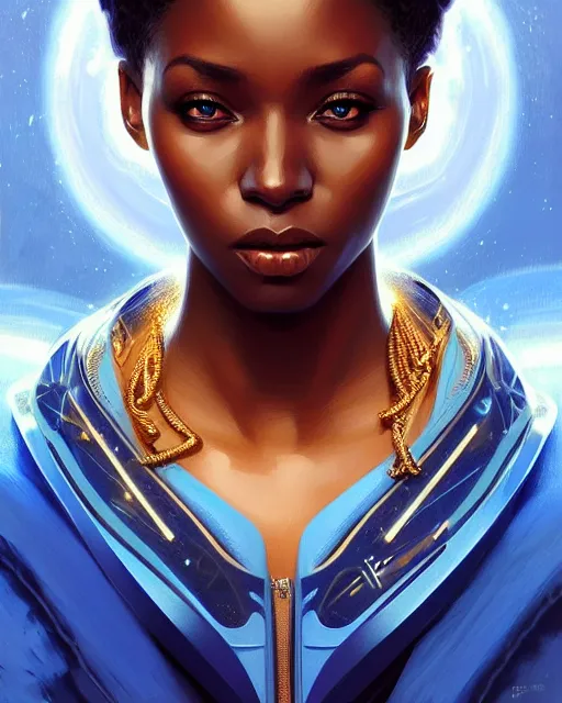 Image similar to Portrait of very very very very very very beautiful african woman, spacesuit, blue eyes, intricate, elegant, highly detailed, digital painting, artstation, concept art, smooth, sharp focus, illustration, art by artgerm and greg rutkowski and alphonse mucha