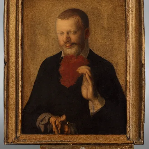 Image similar to a portrait of man with hand growing from his head, holding a red crystal