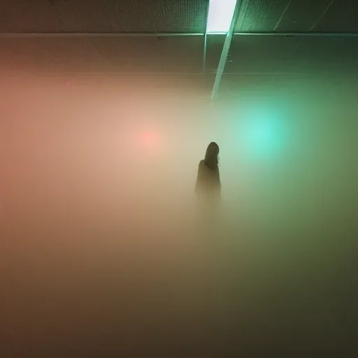 Image similar to A room filled with fog, dimly lit, a person is in the fetal position in the middle of the room, cyan lights emanate downwards into a refracting glow, depth of field, tilt-shift, dreamy, ominous glow, pastel overflow, melting