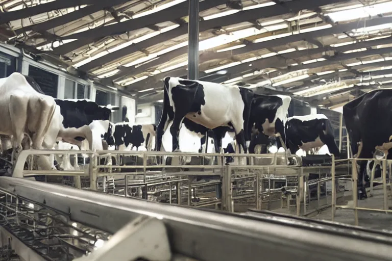 Prompt: industrial robot arms assembling cows on a conveyer belt, highly detailed, climatic lighting, photo still from movie