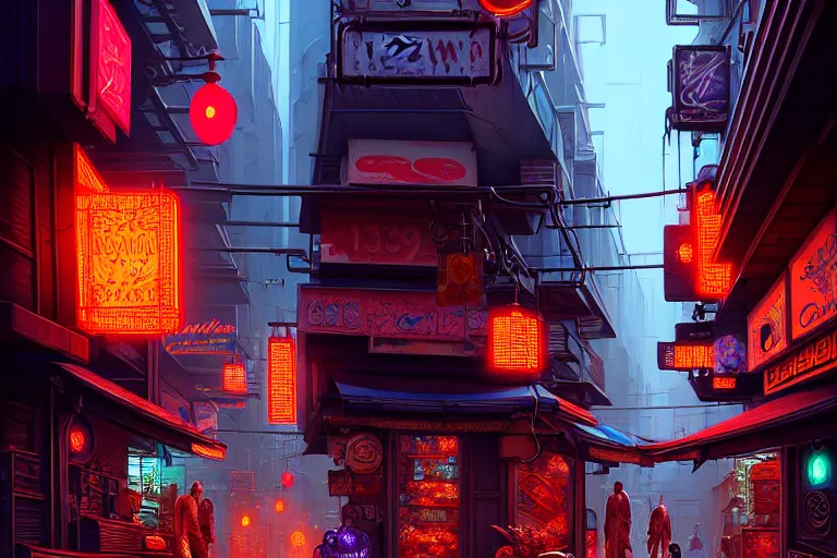 Prompt: a highly detailed bazaar street in the cyberpunk city of new washington, amazing cyberpunk digital painting, by gerald brom, brom digital art, intricate details, ultra realistic, beautiful art, volumetric lighting, ultra realistic, by art germ, warm colors advance cool colors recede, by brom, trending cgsociety, artstation, rim lighting, 8 k