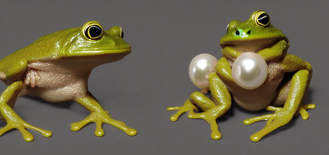 Prompt: three - headed frog holding a pearl ; 8 k, unreal engine