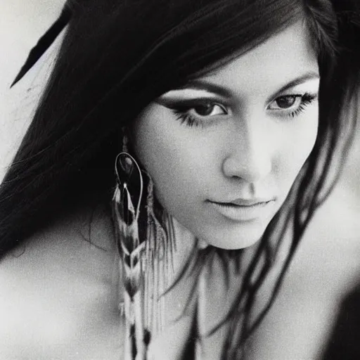 Image similar to clear photo of a beautiful and young female singer of native american descent taken in 1 9 7 6, high quality, highly detailed 7 0 s style photography, long dark hair, elegant pool, trending on pinterest, aesthetically beautiful, elegant, studio photography