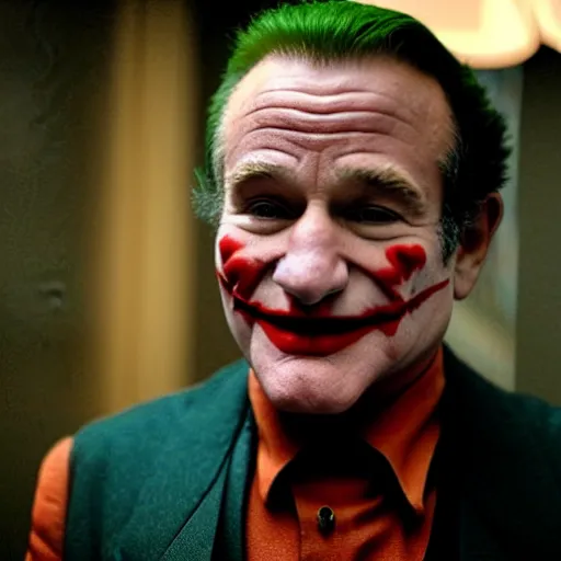 Prompt: stunning awe inspiring robin williams playing the joker 8 k hdr movie still atmospheric lighting