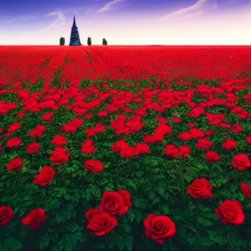 Image similar to photo of a beautiful field of roses with a dark tower in the center. night. photorealism. 4 k. national geographic. high detail