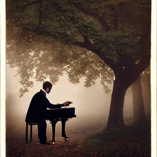 Image similar to an impressively euphoric 1 8 0 0 s romanticism - inspired photograph depicting a man playing a piano underneath a foggy tree line at dawn inspired by liberty leading the people