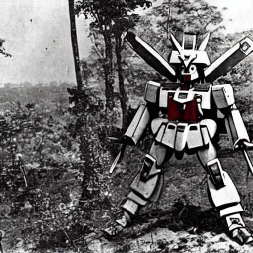 Image similar to a 1900s photo of a gundam found abandoned in a cambodian forest,