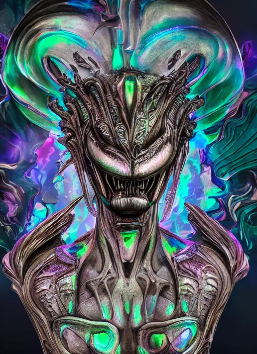 Prompt: hybrid humanoid androgyne muse with recursively horned wing crown attached to side of xenomorphic head, concept art, sculpted iridescent optical mineralogy features, xenomorphic, intricate detail, holographic, pixel sorting, style by James Jean, circuitry, organic detail, asymmetry, cinematic, epic wide shot, ultra detailed, artstation, sharp focus,smooth, cinematic lighting, cinematic detail, composition, photorealistic, render in unreal engine 5, golden ratio, 8k render