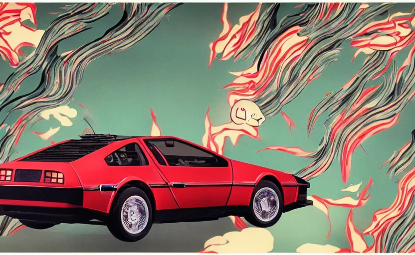 Image similar to a red delorean, tiger stripe backdrop, art by hsiao - ron cheng and utagawa kunisada, magazine collage, # e 4 e 6 2 0, # de 9 5 f 0