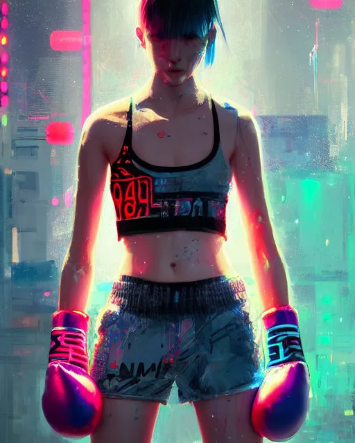 Image similar to detailed portrait Neon boxer Girl, cyberpunk futuristic neon, reflective crop top and shorts, boxing gloves, decorated with traditional Japanese ornaments by Ismail inceoglu dragan bibin hans thoma greg rutkowski Alexandros Pyromallis Nekro Rene Maritte Illustrated, Perfect face, fine details, realistic shaded, fine-face, pretty face