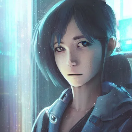 Prompt: art by studio ghibli, portrait of cyberpunk woman looking out of a window, cyberpunk setting, futuristic, highly detailed, intricate lighting, digital painting, sharp focus, illustration, trending on artstation.
